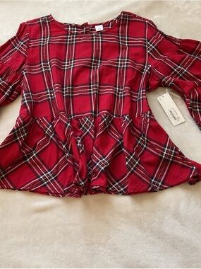 Plaid Peplum Blouse - Red